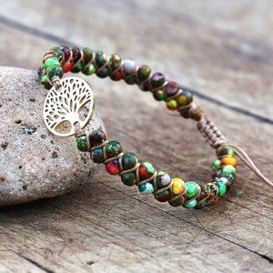 Natural African Stone Bead Bracelet & Bangle with Tree of Life Braided Charm